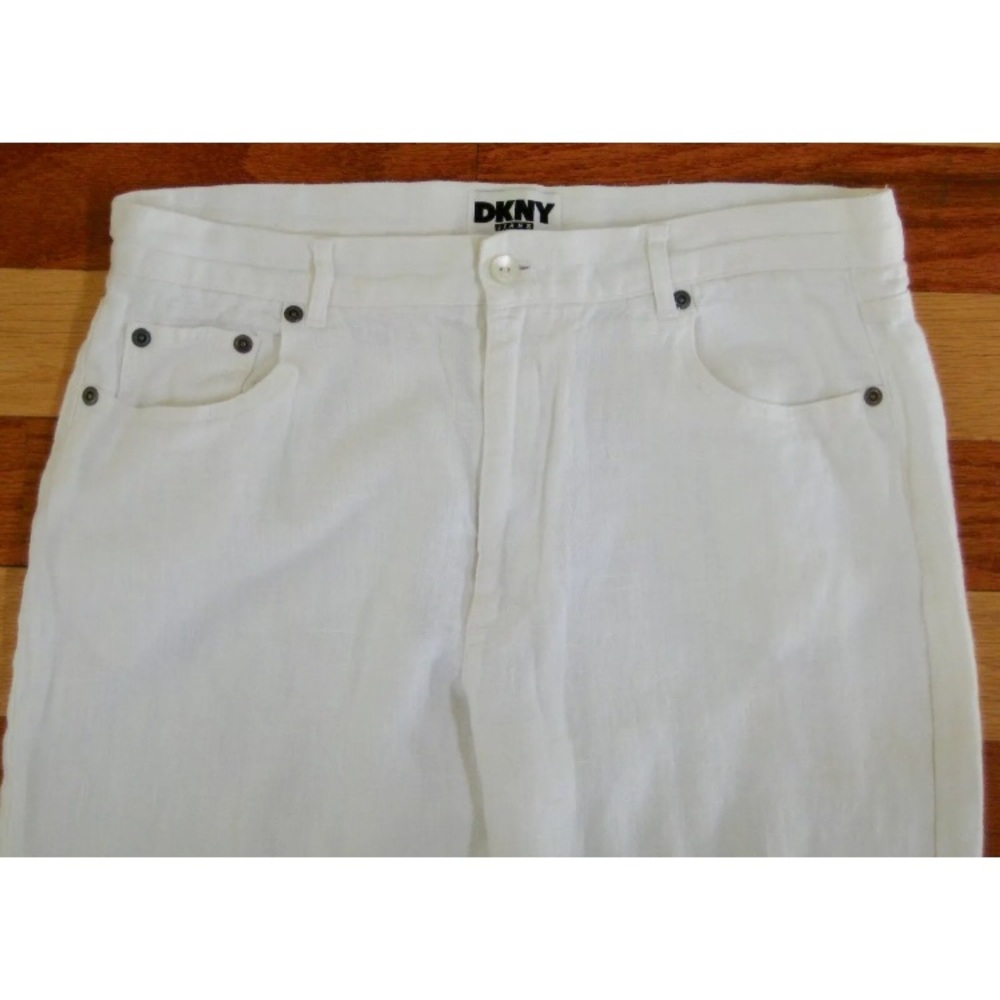 VINTAGE 1990s DKNY DONNA KARAN WHITE LINEN CLASSIC JEANS PANTS HIGH RISE MOM 12 - Picture 2 of 5